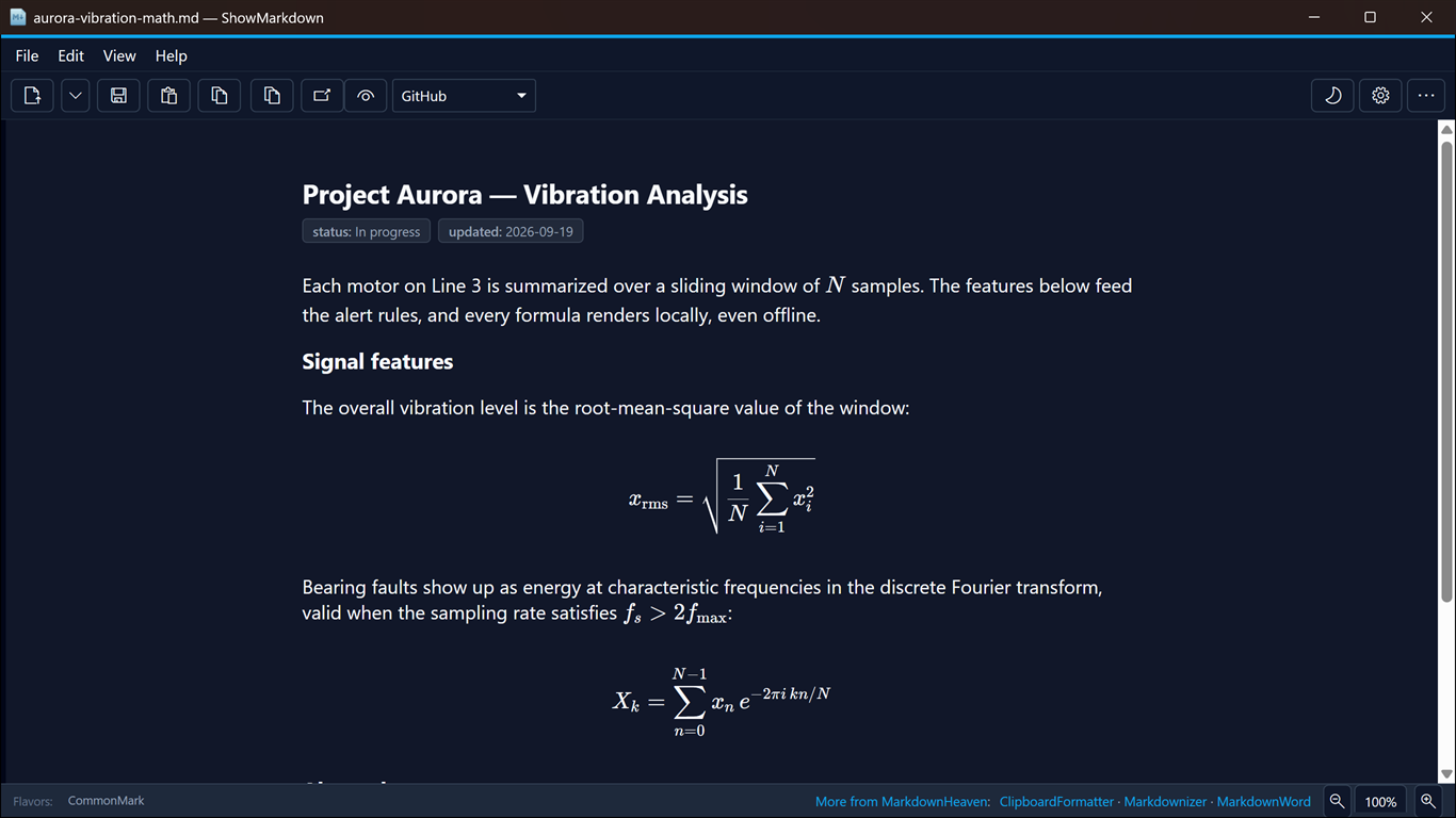 ShowMarkdown in dark mode, showing a document with LaTeX formulas typeset as equations: a root-mean-square formula and a discrete Fourier transform